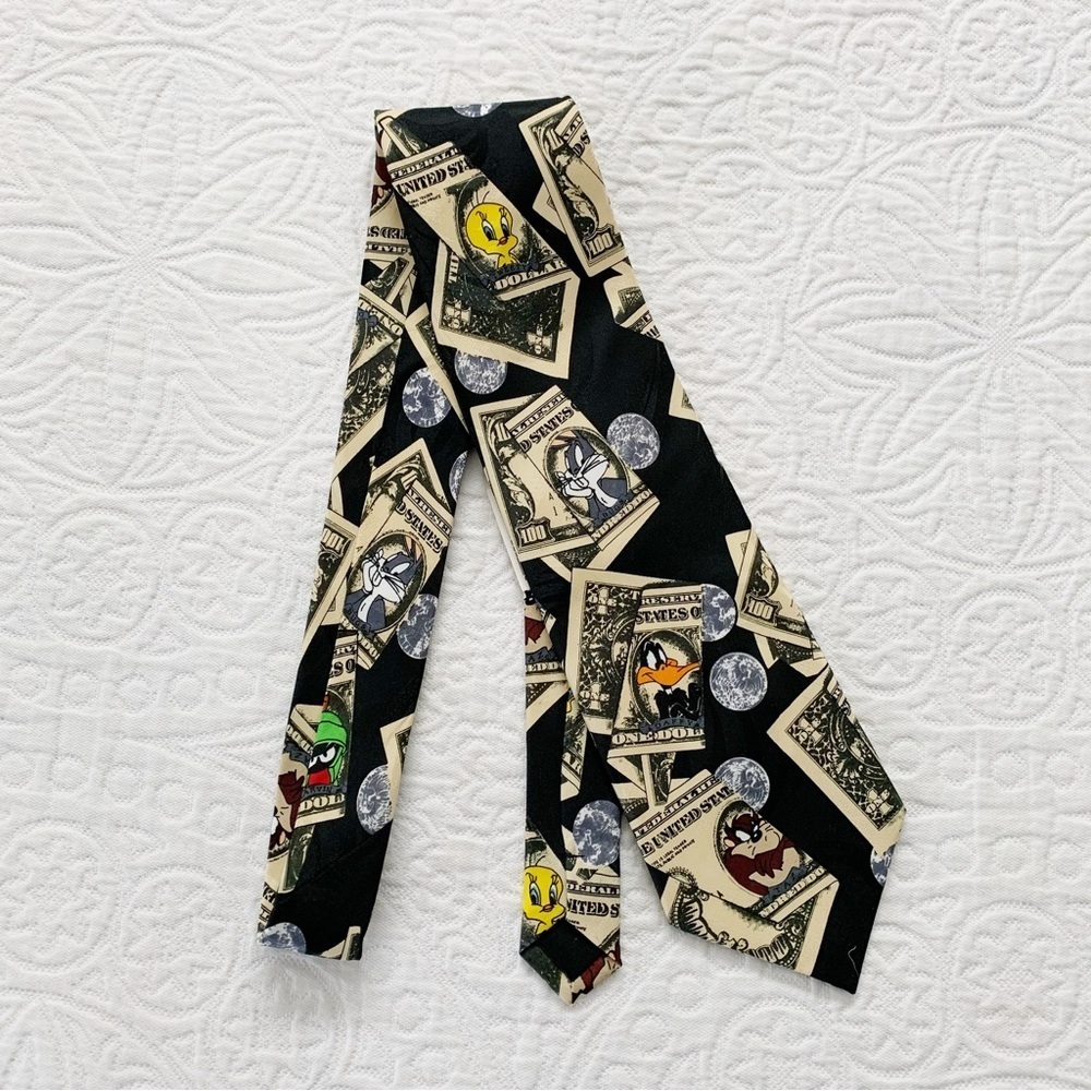 Vintage WB Looney‎ Tunes Dollar Coins Necktie Tie Bugs Bunny Daffy Marvin Taz